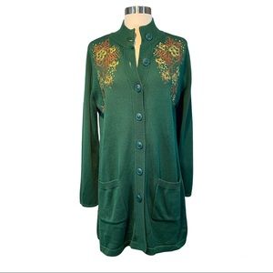 Bob Mackie Wearable Art Hunter Green Embroidered Tunic Cardigan Sz M